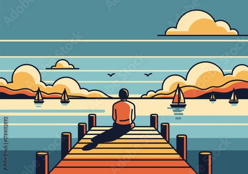 Peaceful pier reflection scene with sailboats at sunset in vintage style