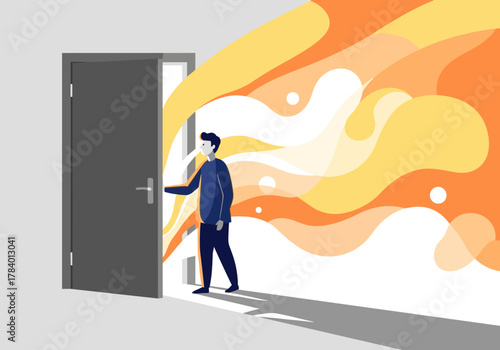 Man opening door to vibrant abstract world with flowing colors and energy