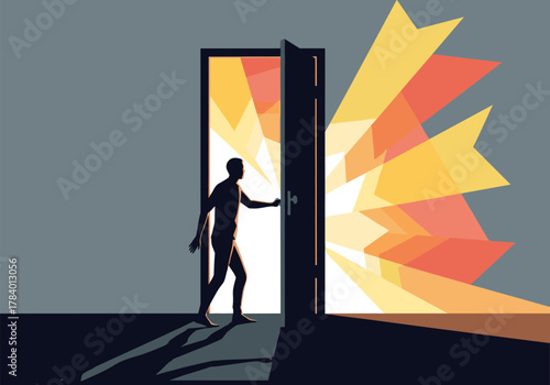 Silhouette of person walking through doorway into bright abstract light