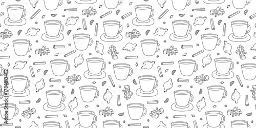 Tea cup. Seamless pattern. Recipe for a hot vitamin drink. Ginger, lemon, cinnamon, rose hips. Ingredients for warming, healthy tea. Drawing, doodles. Black and white repeating background, wallpaper.