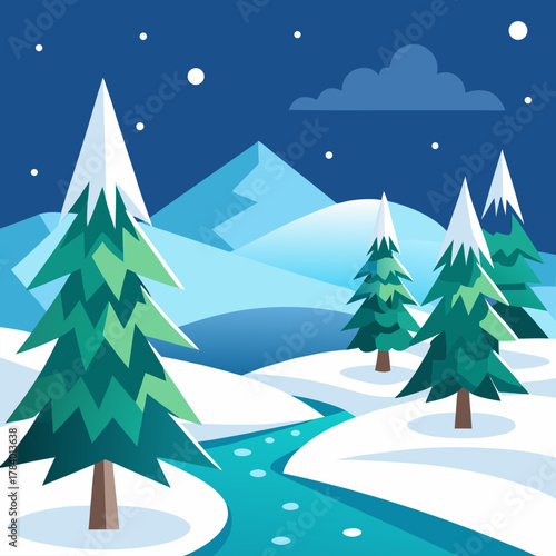Stylized winter landscape with snow covered trees and mountains