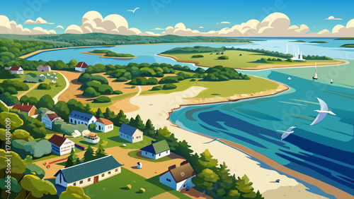 Very beautiful aerial view of Lewis Pond and Seagull Beach in West Yarmouth, Cape Cod, Massachusetts, USA, featuring calm waters, sandy shoreline, coastal greenery, and a realistic scenic seaside land