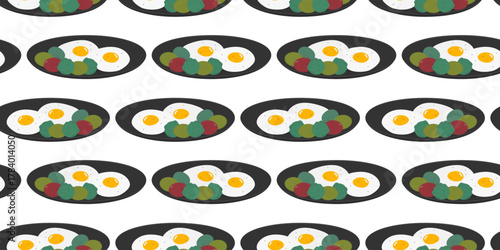 Spicy Fried Egg with Salad Leaves and Brussels Sprouts on Black Plate Seamless Pattern Banner Format. Isolated Vector illustration Food or Culinary Themed Backdrop Banner, leaflet, label, tag, posters