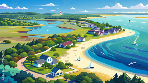 Very beautiful aerial view of Lewis Pond and Seagull Beach in West Yarmouth, Cape Cod, Massachusetts, USA, featuring calm waters, sandy shoreline, coastal greenery, and a realistic scenic seaside land