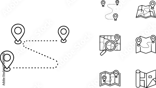 vector set of Route Optimization line icon, Route icon between two points with dotted path and location pin. Route location icon	
