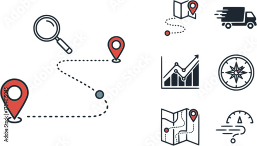vector set of Route Optimization line icon, Route icon between two points with dotted path and location pin. Route location icon	
