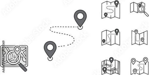 vector set of Route Optimization line icon, Route icon between two points with dotted path and location pin. Route location icon	
