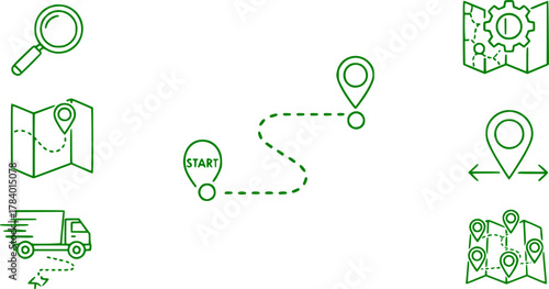 vector set of Route Optimization line icon, Route icon between two points with dotted path and location pin. Route location icon	
