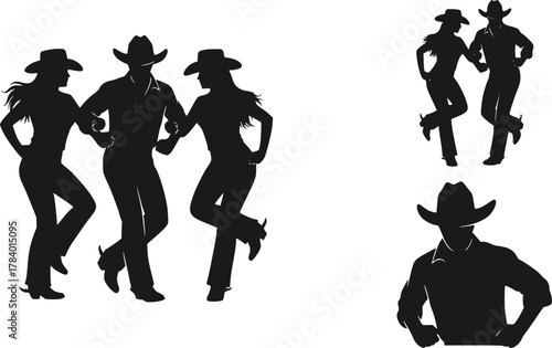Silhouette of a couple in cowboy hats line dancing. set	