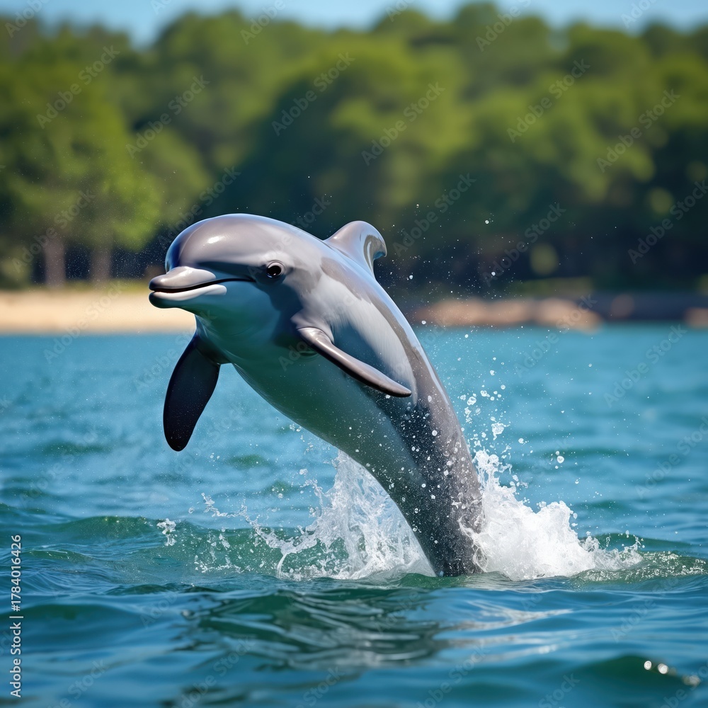 Fototapeta premium Dolphin jumps out water at sunny day. Marine animal shows its power. Aquatic mammal performs a trick. Blue ocean, green shore on background.