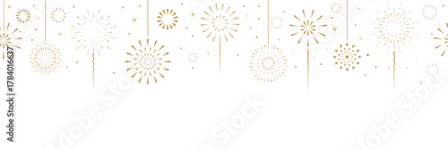 Gold fireworks border seamless pattern for christmas and new year celebration vector background, golden sparkle frame border, festive holiday decoration concept for greeting card, poster, banner.