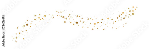 Golden star dust trail vector background, elegant glitter sparkle, shining gold stars scatter minimal decorative wavy line border design for celebration, Christmas, new year, luxury party events.