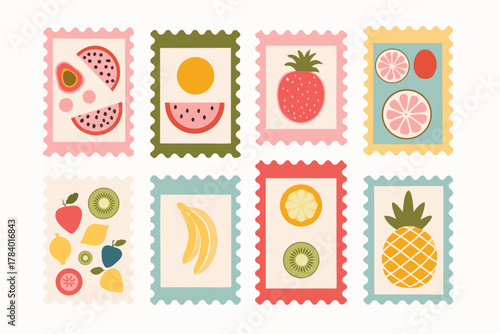 A series of colorful postage stamps displayed in a row