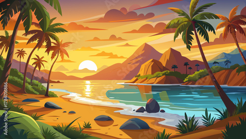 Very beautiful serene tropical coastline at sunset, featuring golden sunlight reflecting on calm ocean waters, soft sandy beach, palm trees, and a realistic vibrant summer paradise atmosphere.