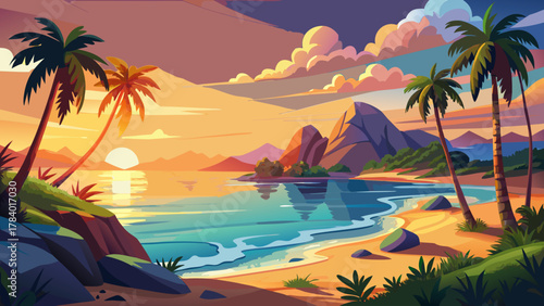 Very beautiful serene tropical coastline at sunset, featuring golden sunlight reflecting on calm ocean waters, soft sandy beach, palm trees, and a realistic vibrant summer paradise atmosphere.
