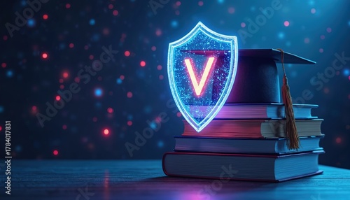 Glowing digital shield protects stack of books topped with graduation cap against dark background with bokeh lights. Represents academic security and knowledge safeguarding.