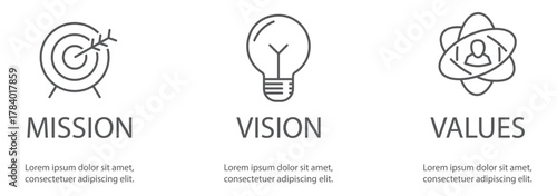 Concept illustrating business mission vision and values with targets, bulb and star