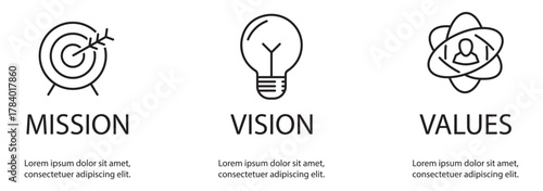 Concept illustrating business mission vision and values with targets, bulb and star