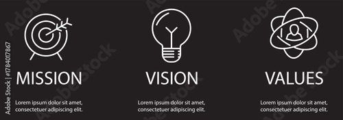 Linear vector icons of mission, vision and values as business growth concept
