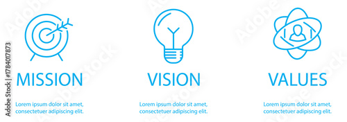 Linear vector icons of mission, vision and values as business growth concept
