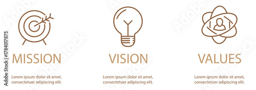 Linear vector icons of mission, vision and values as business growth concept
