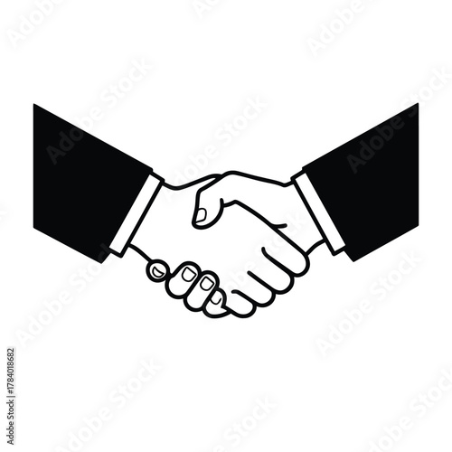 Vector illustration of a handshake between two people in business suits, symbolizing agreement, partnership, and a successful deal