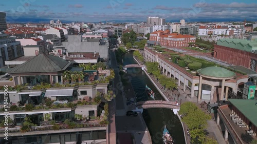 Drone aerial footage of downtown district of Aveiro, Portugal. Aveiro is a city and a municipality in Portugal.