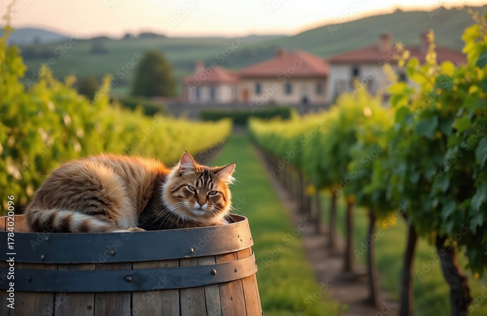 Naklejka premium Cat rests on barrel at vineyard. Vine plantation stretches in rows. Charming pet relaxes on vintage wine barrel. Countryside scenery with hills, houses on background. Calm, peaceful evening in vinery.