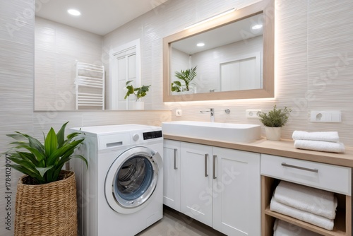 Modern bathroom interior combining laundry and personal care