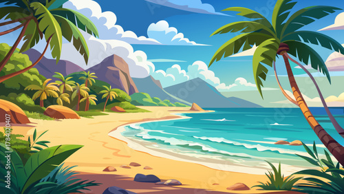 Very beautiful serene beach escape featuring calm ocean waves, swaying palm trees, soft sandy shore, and a realistic relaxing tropical vacation atmosphere with warm natural light.