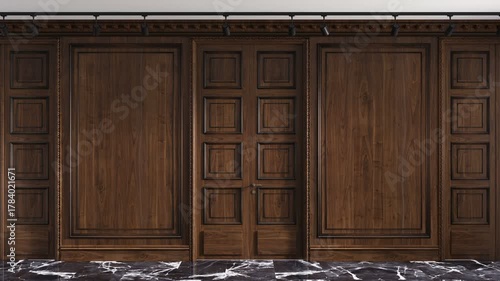 A classic, luxurious interior with walnut paneling and doors. The door opens into a bright room. Premium wooden living room. Green chroma key, luma matte included