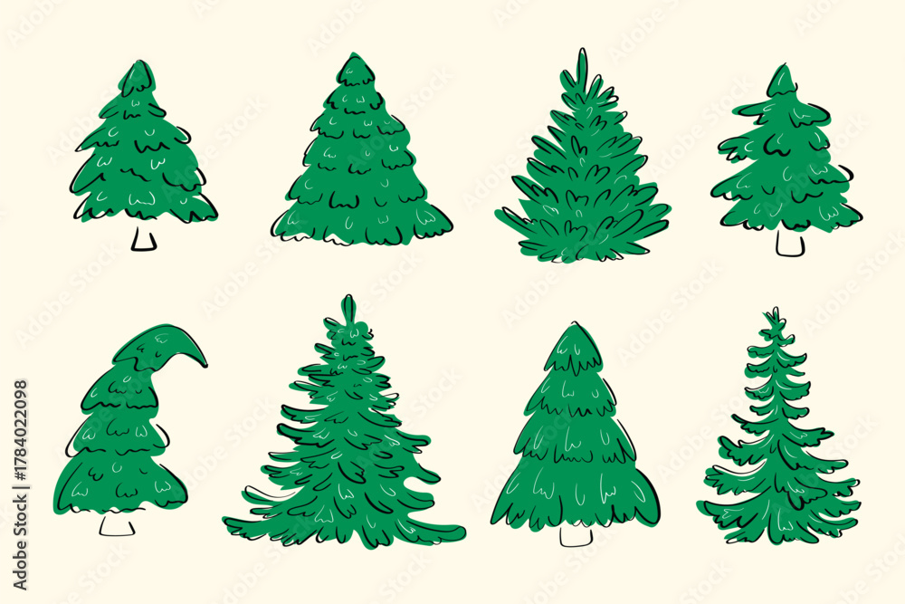 Fototapeta premium Doodle pine tree illustration set for packaging, holiday greeting cards, and eco gift wrap designs