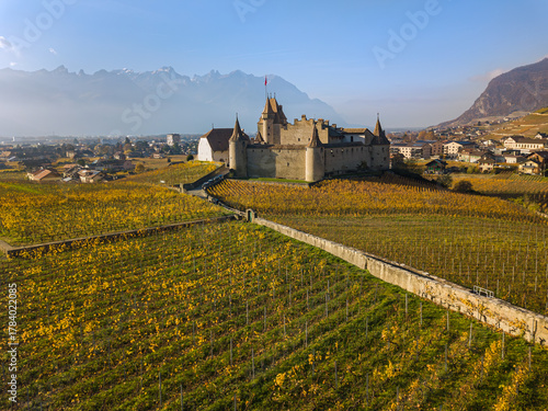 Aerial view of the medieval Aigle Castle surrounded by vineyards in autumn season, Vaud Canton, Switzerland.