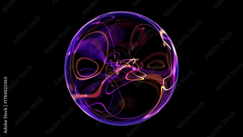 Abstract energetic glowing plasma ball with electric multicolored charges inside. Neon blue magic ball with particles on dark background. Glass shiny sphere with electricity. 4k 60fps looped backdrop