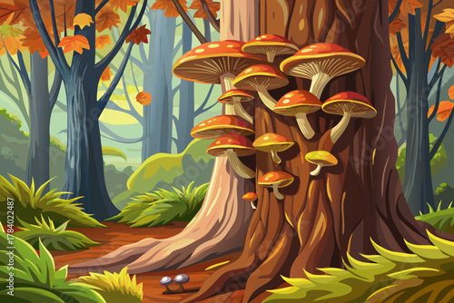 Close up of tree trunk with small mushrooms growing on textured bark, natural forest macro photography, forest mushroom ecosystem, organic nature background, and autumn outdoor environment.