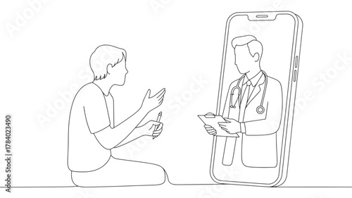 Online doctor consultation a man talking to a doctor on a smartphone screen vector line art illustration for telemedicine and healthcare