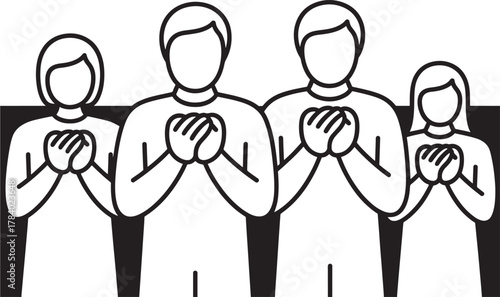 Group of people holding hands over heart a line art vector illustration for social issues isolated on white background