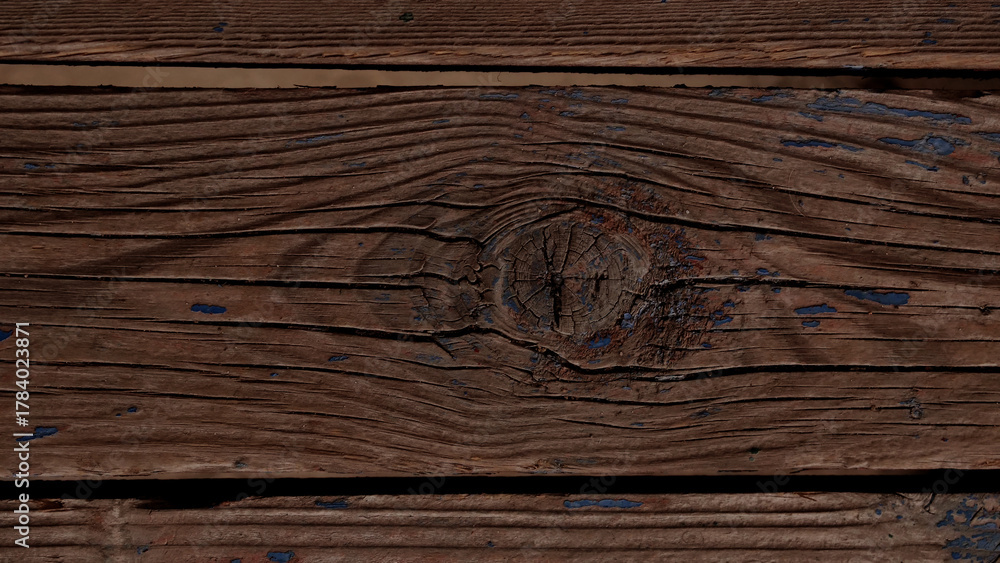 Naklejka premium Close-up of rustic wooden planks with chipped blue and red paint, weathered texture, grain patterns, and knots. Ideal for vintage backgrounds, design, or architectural mood boards.