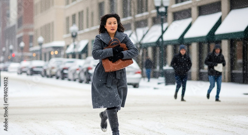 Woman rushing across snowy street, winter commute and urban transportation in cold weather conditions