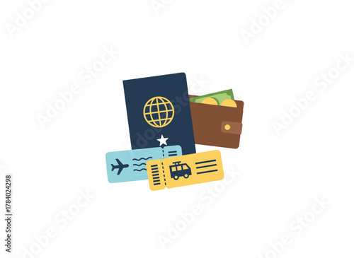 Illustration of a tourist's belongings: passport, cash wallet, boarding pass, and flight ticket, depicting air travel, presented as a colored flat vector on a white background