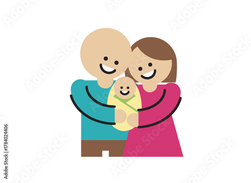 A joyful family with a newborn son, where young parents lovingly hold the infant together in a flat vector illustration set against a white background