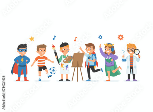 Adorable children sing together as a choir of talented girls and boys from a music school, depicted in flat vector illustrations on a white background