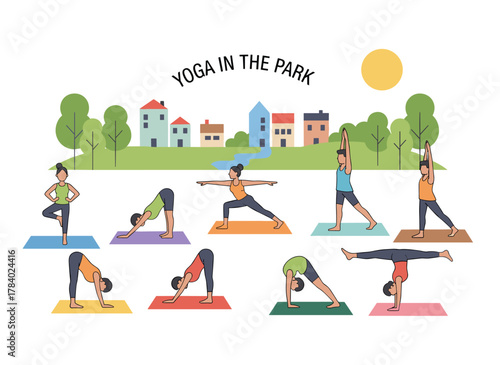 Flat vector illustration of an outdoor yoga class featuring young women in sportswear practicing together in a city park, promoting a healthy lifestyle and active recreation through open‑air workouts