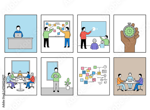 A group of individuals adeptly arranging their duties and schedules, depicted in a series of scenes showcasing efficient time management and multitasking at work, illustrated as a flat cartoon vector