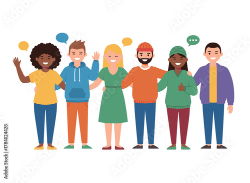 A flat cartoon vector illustration of a group of smiling teenage boys and girls, school friends standing together, embracing and waving, set against a white background