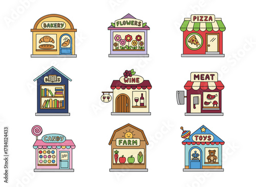 A set of storefronts depicted against a white backdrop, featuring shops that sell baked goods, farm produce, pizza, flowers, books, wine, meat, candies, and toys, rendered as a colorful flat‑style