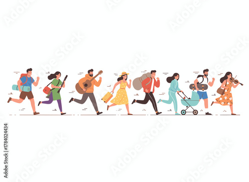 Busy people are late, sprinting, hurrying, and conducting business on the fly, depicted as a group of men and women rushing, working, and talking on their phones while on the move, illustrated in