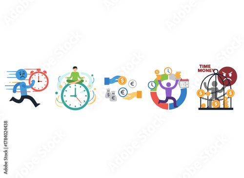 A flat vector illustration depicting the concept of people interacting with time, featuring a collection of men and women in business, their schedules, earnings, self‑organization, missed