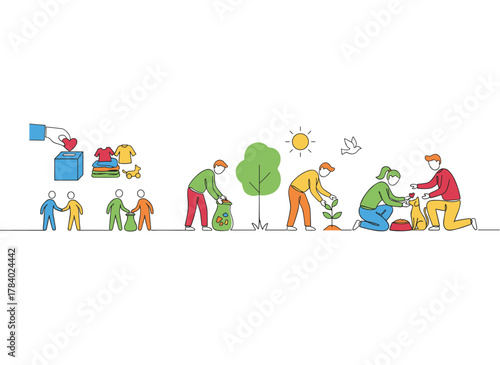 A horizontal banner featuring smiling young men and women engaged in volunteer activities, illustrated with green outline lines on a white background, presented as a monochrome vector in a