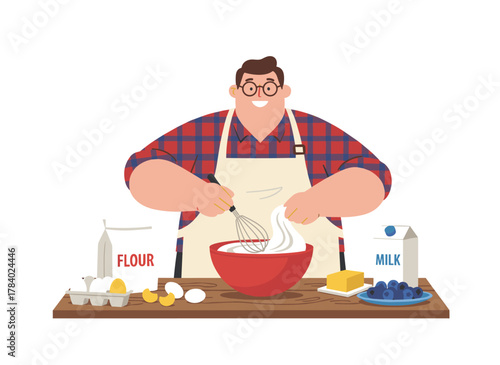 A cheerful man in an apron stirs dough in a bowl, shown in a flat vector illustration, smiling while cooking dessert at a kitchen table, isolated on a white background, preparing homemade pastry or